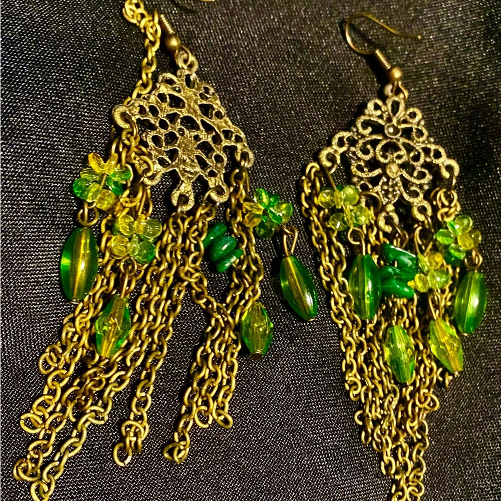Chic Gold and Green Chandelier Earrings